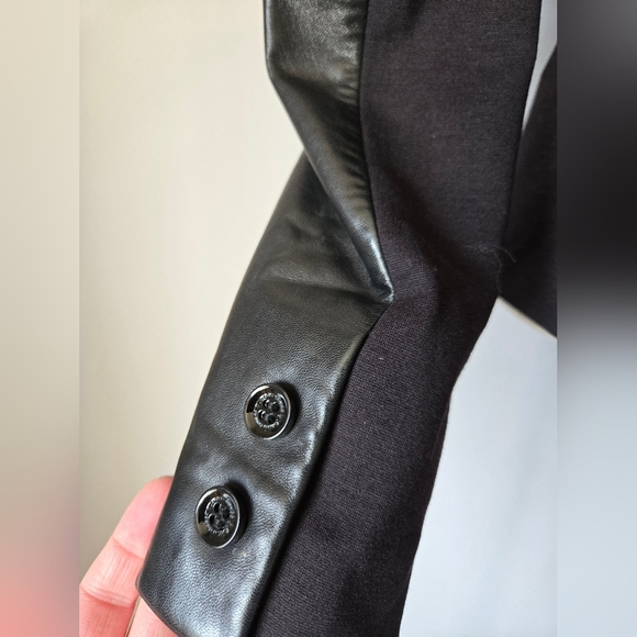 GUESS BY MARCIANO Black Fitted Blazer with Genuine Leather Sleeves, Back Ruffle. - Picture 8 of 15